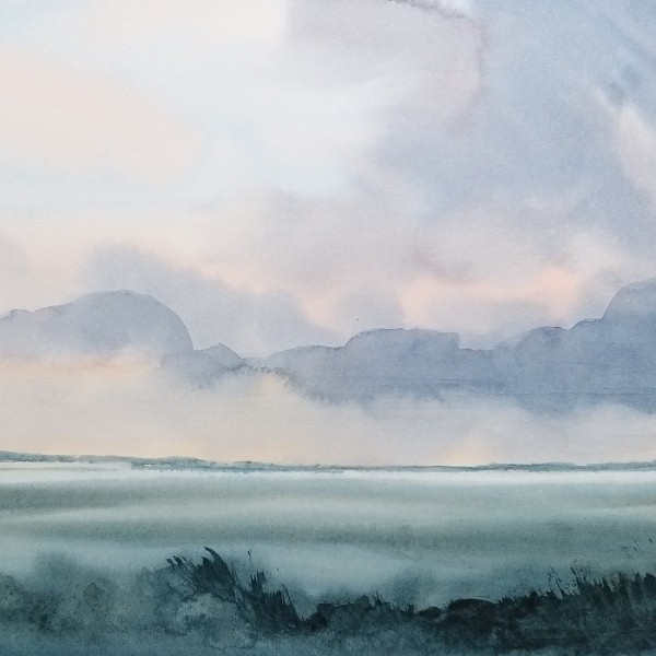 Painting of dawn across fields